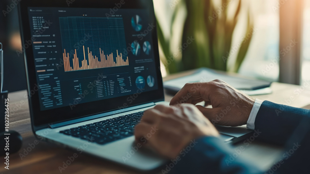 Business professional analyzing data on a laptop while working in a modern office during late afternoon hours Business professional analyzing data on a laptop while working in a modern office during late afternoon hours