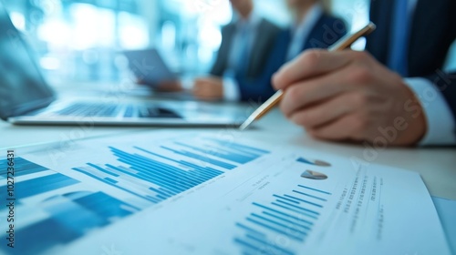 A business team in a bright, modern office, reviewing financial reports and planning the next quarterâ€™s strategy