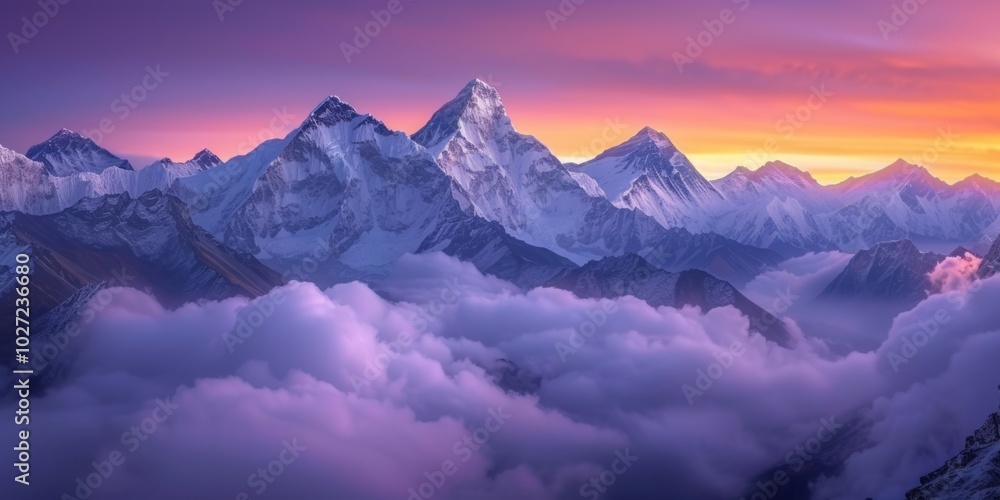 Obraz premium Panoramic view of snow mountains range landscape. Generative AI.