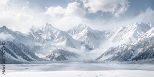 Panoramic view of snow mountains range landscape. Generative AI.