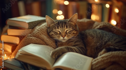 Wallpaper Mural A cat peacefully lying in a cozy indoor setting, surrounded by books and soft lighting Torontodigital.ca