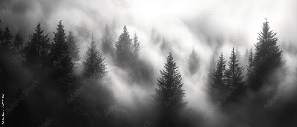 Foggy mountain landscape with dark clouds looming overhead, creating a sense of tension and drama. The mist rolls down the mountainside, adding mystery and cinematic depth. Foggy mountain landscape with dark clouds looming overhead, creating a sense of tension and drama. The mist rolls down the mountainside, adding mystery and cinematic depth.