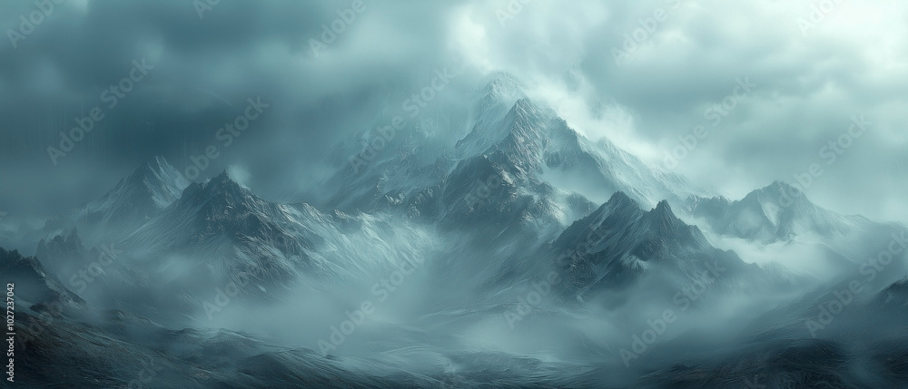 Foggy mountain landscape with dark clouds looming overhead, creating a sense of tension and drama. The mist rolls down the mountainside, adding mystery and cinematic depth. Foggy mountain landscape with dark clouds looming overhead, creating a sense of tension and drama. The mist rolls down the mountainside, adding mystery and cinematic depth.