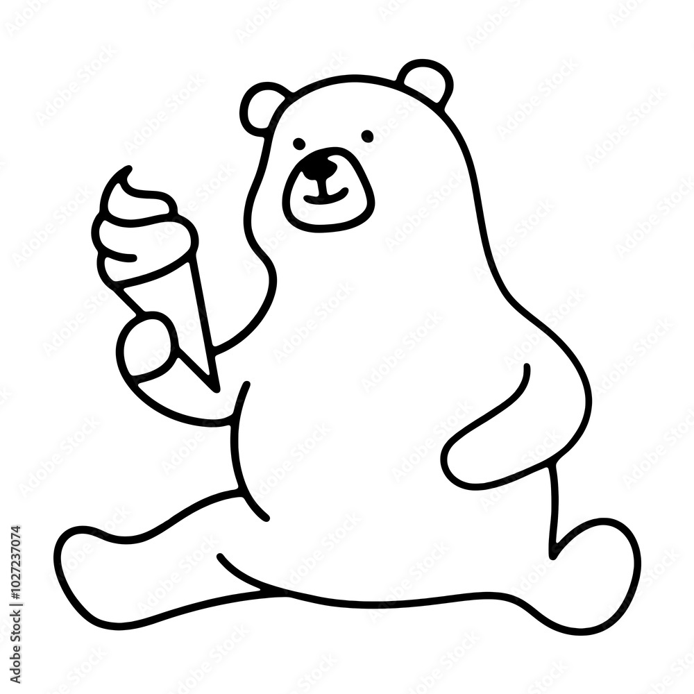 Fototapeta premium アイスクリームを持った白熊のキャラクターのシンプルな線画イラスト 透過背景の切り抜き