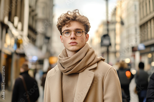 A stylish young man in a beige coat and scarf walks confidently on a bustling city street with people in motion around him during daylight