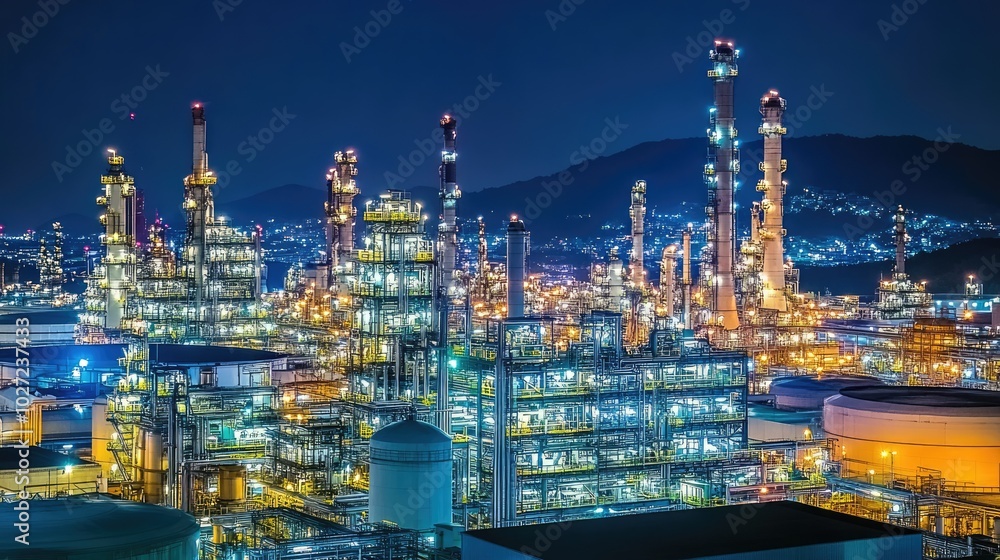 Obraz premium Industrial Complex at Night with Bright Lights