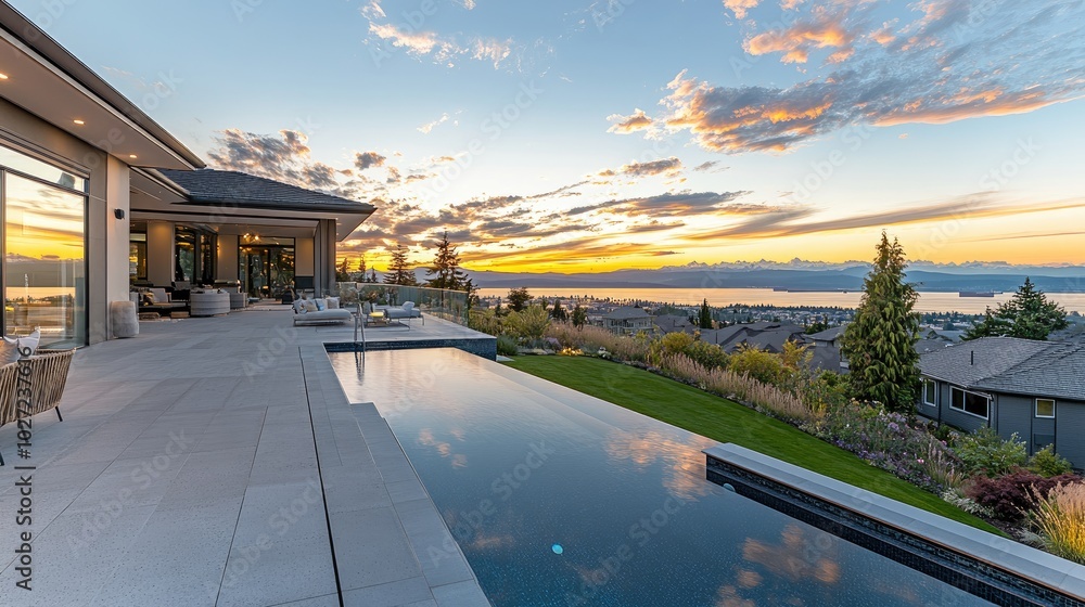 Stunning Sunset Over Luxury Home with Infinity Pool Stunning Sunset Over Luxury Home with Infinity Pool