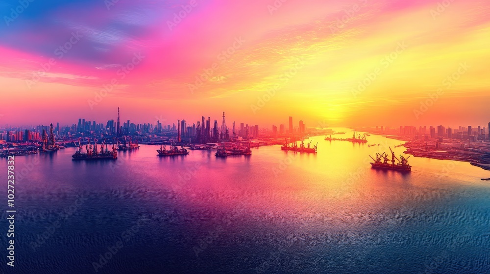 Vibrant Sunset Over City Skyline and Waterway Vibrant Sunset Over City Skyline and Waterway