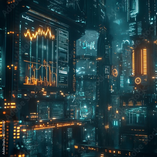 Futuristic cityscape with glowing screens displaying data and graphs.