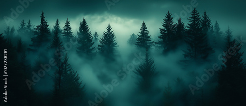 Cinematic foggy forest scene at dusk, where towering pine trees disappear into the mist, casting eerie shadows, creating an atmospheric, moody environment.