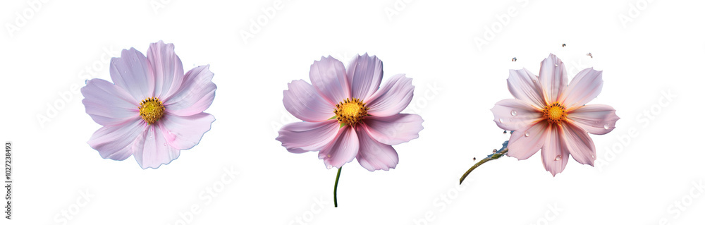 Pink flower with yellow center and water droplets on blue background. Pink flower with yellow center and water droplets on blue background.