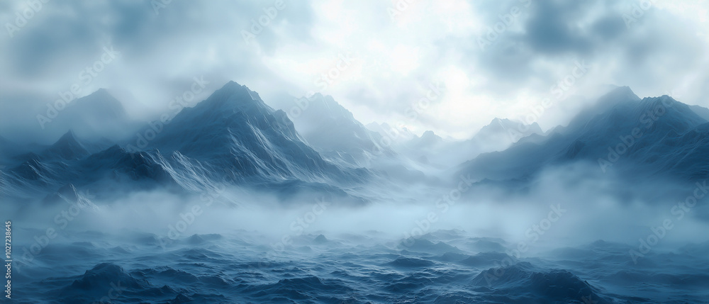 Fototapeta premium Mystical mountain range covered in early morning fog, with soft rays of sunlight breaking through the clouds. The scene is peaceful yet dramatic, evoking a sense of wonder.