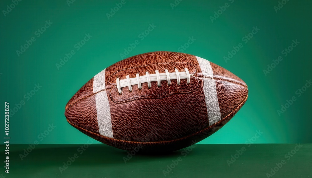 Close-up of a Classic Brown Leather American Football with White Laces on Green Background, Ideal for Sports Promotions, Training, Team Spirit Concepts, or Game Strategy Visualizations Close-up of a Classic Brown Leather American Football with White Laces on Green Background, Ideal for Sports Promotions, Training, Team Spirit Concepts, or Game Strategy Visualizations