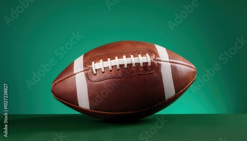 Close-up of a Classic Brown Leather American Football with White Laces on Green Background, Ideal for Sports Promotions, Training, Team Spirit Concepts, or Game Strategy Visualizations photo