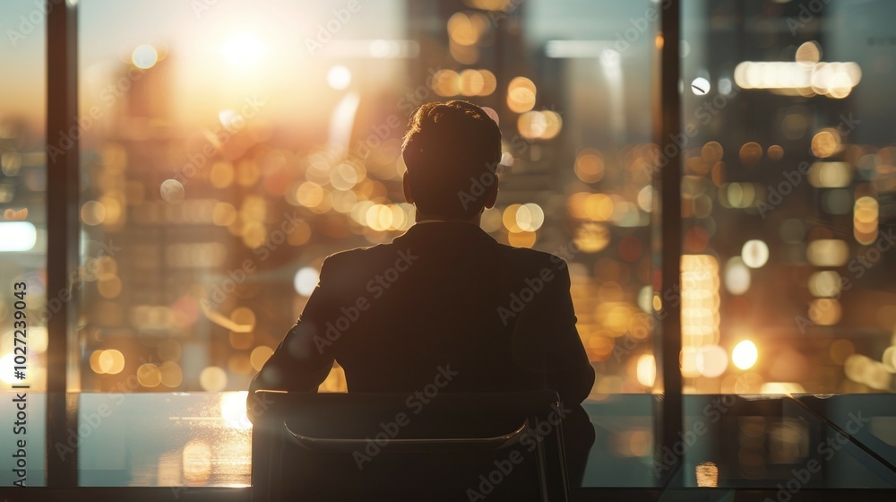 Cityscape view. A man in a suit sits in a high-rise office with a cityscape view at sunset. The city lights create a dreamy, contemplative atmosphere. Cityscape view. A man in a suit sits in a high-rise office with a cityscape view at sunset. The city lights create a dreamy, contemplative atmosphere.