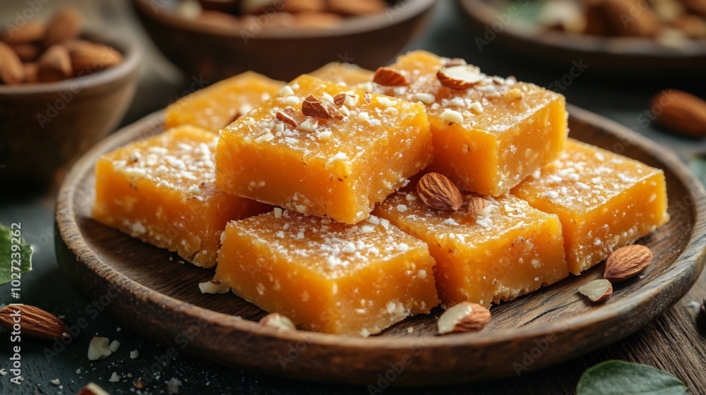 Generative image of enticing plate filled with various burfi pieces adorned with crunchy almonds positioned on a charming wooden table celebrating the flavors of Diwali Generative image of enticing plate filled with various burfi pieces adorned with crunchy almonds positioned on a charming wooden table celebrating the flavors of Diwali