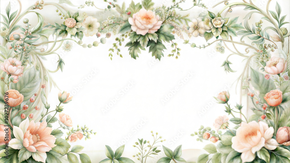 Obraz premium Elegant floral border design with pastel roses and greenery, copy space for text