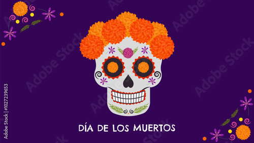 Day of Dead. Dia De Los Muertos. Traditional Mexican holiday honoring the souls of the deceased. Sugar skull decorated with marigolds. Design postcard banner. Vector.