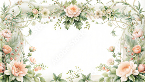 Elegant floral border design with pastel roses and greenery, copy space for text