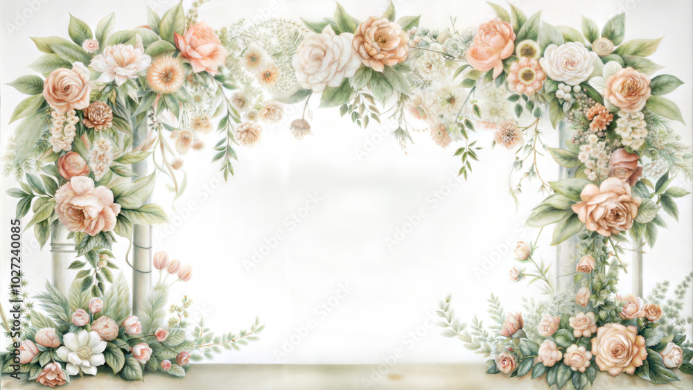 Charming floral arch design with pastel flowers and greenery, copy space for text or photos Charming floral arch design with pastel flowers and greenery, copy space for text or photos