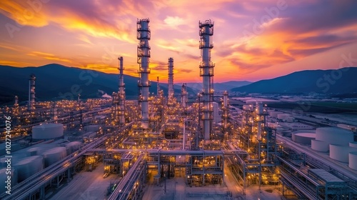 Industrial Skyline at Dusk with Illuminated Structures