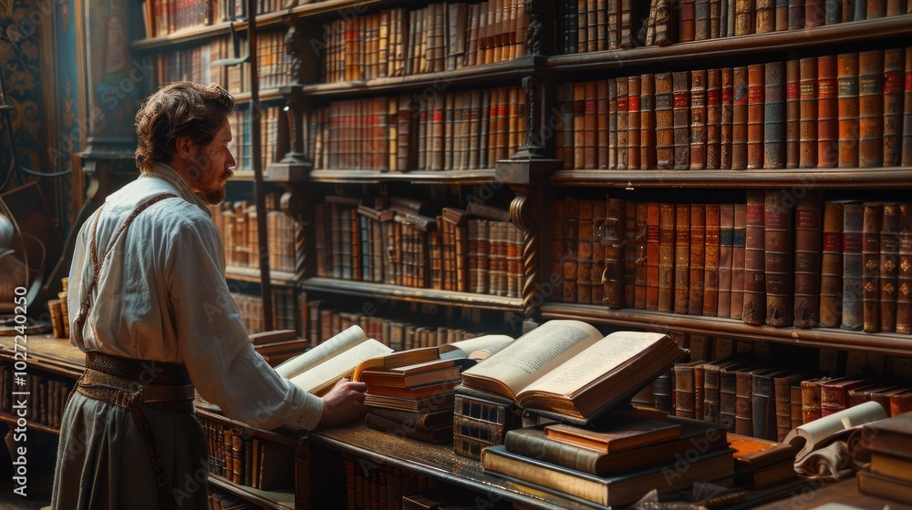 A librarian organizing a bookshelf and arranging books by genre or category in a well-maintained library setting A librarian organizing a bookshelf and arranging books by genre or category in a well-maintained library setting