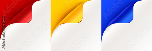 Curled up page corner, new design announce message. Rolled paper corners set.