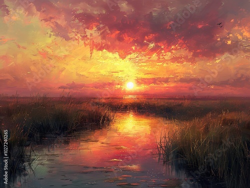 Golden Hour Sunset Over a Serene Marsh