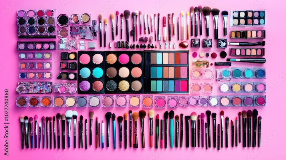Fototapeta premium Array of Colorful Makeup Products and Brushes
