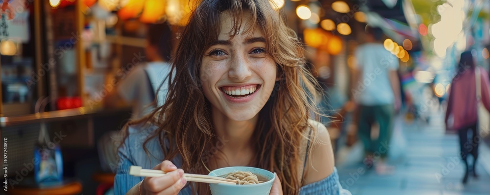 A cheerful woman enjoys a bowl of noodles at a bustling street market, with a backdrop filled with vibrant lights and energy, capturing the essence of street food culture