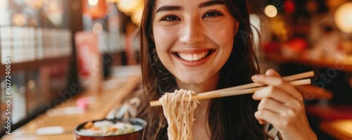 A cheerful woman enjoys a bowl of noodles at a bustling street market, with a backdrop filled with vibrant lights and energy, capturing the essence of street food culture photo