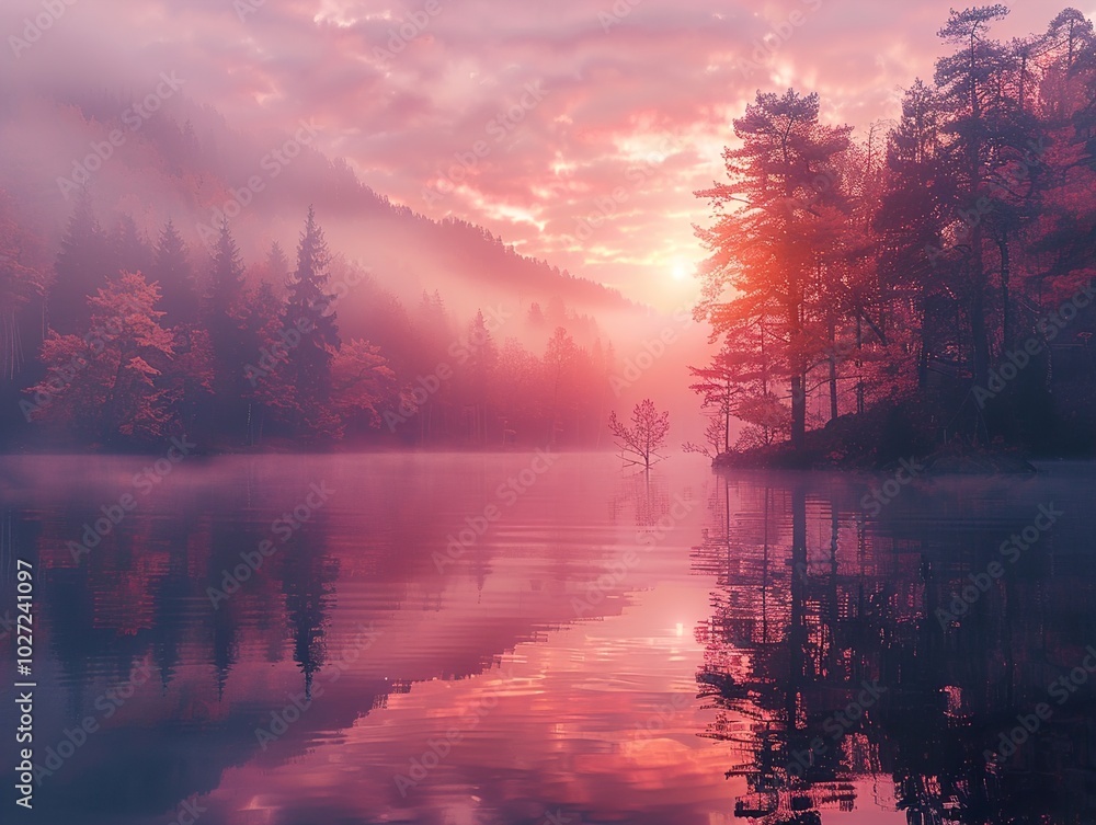 Misty Sunrise Over a Tranquil Lake Misty Sunrise Over a Tranquil Lake