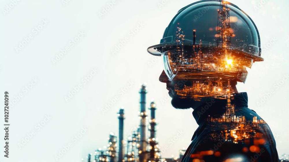 A worker in a hard hat stands against a backdrop of an industrial facility, reflecting focus and dedication to their craft during twilight hours A worker in a hard hat stands against a backdrop of an industrial facility, reflecting focus and dedication to their craft during twilight hours