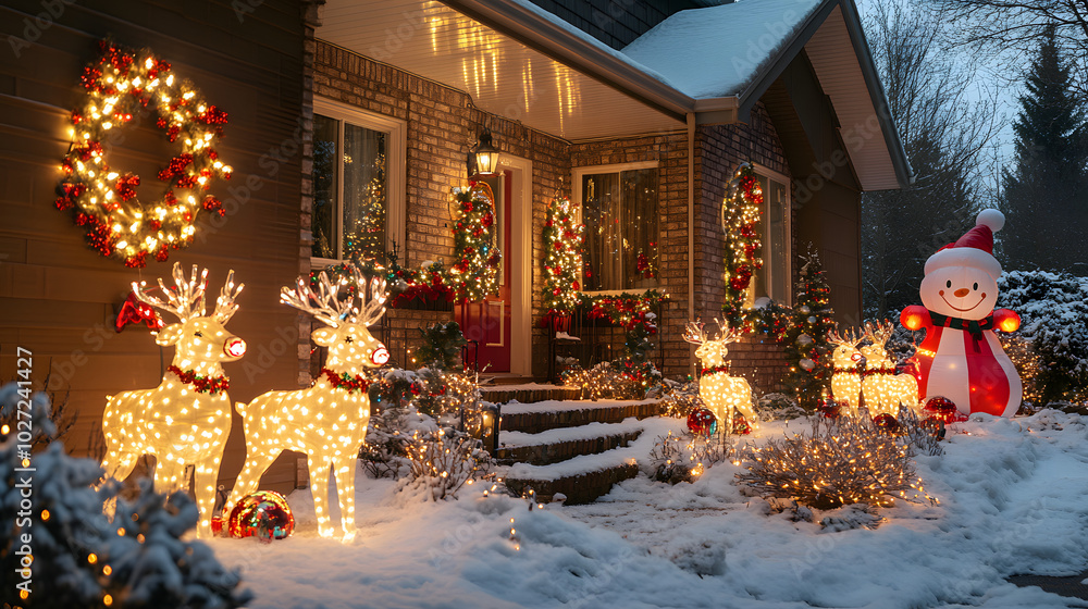 © aobStudioUD - Festive Winter Decor in Snow-Covered Front Yard