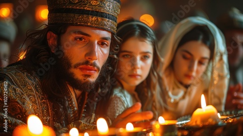 A Jewish family gathered around the dining table, lighting candles and saying blessings for Shabbat