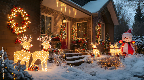 Festive Winter Decor in Snow-Covered Front Yard