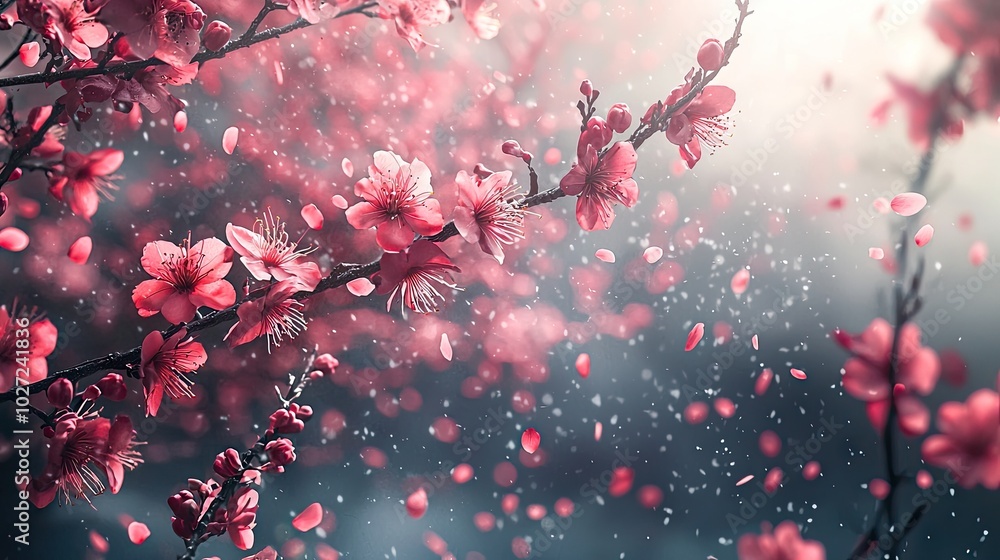 The fragrance of plum blossoms wafting through the cold wind, petals gently swaying in the breeze, the scene filled with a sense of tranquility, serene The fragrance of plum blossoms wafting through the cold wind, petals gently swaying in the breeze, the scene filled with a sense of tranquility, serene