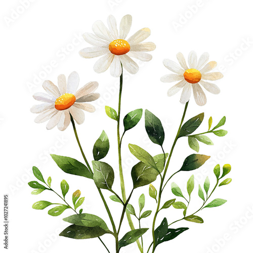 Watercolor daisy illustration, April birth flower, delicate botanical artwork, white petals with yellow centers and green leaves, spring floral design, isolated on transparent background