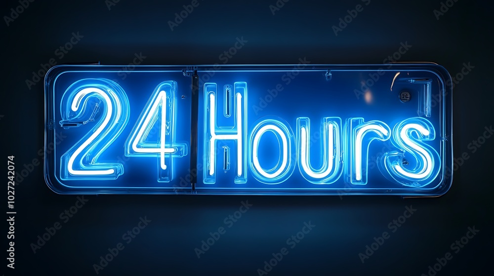 Neon Blue 24 Hours Sign in Sharp Definition Neon Blue 24 Hours Sign in Sharp Definition