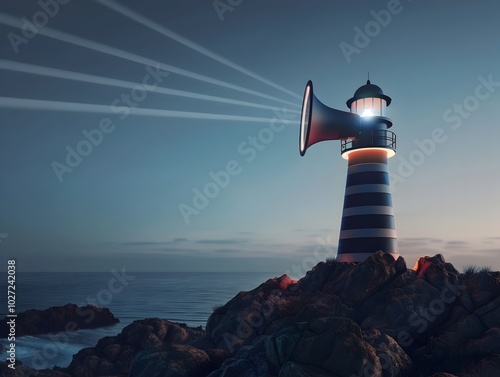 Lighthouse Shaped Megaphone with Sound Wave Guiding Lights Symbolizing Communication s Role in Helping Others photo