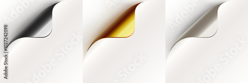 Curled up page corner, new design announce message. Rolled paper corners set.