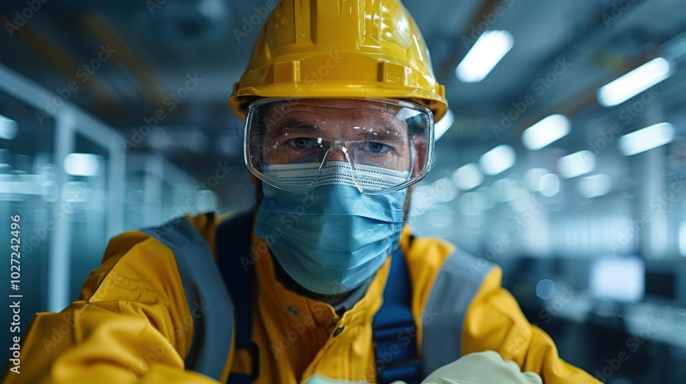 A janitor wearing gloves and a mask while cleaning office cubicles A janitor wearing gloves and a mask while cleaning office cubicles