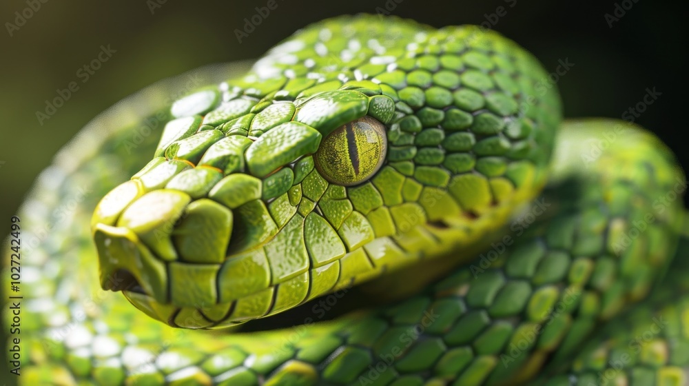Obraz premium A green snake with a yellow eye and a black nose
