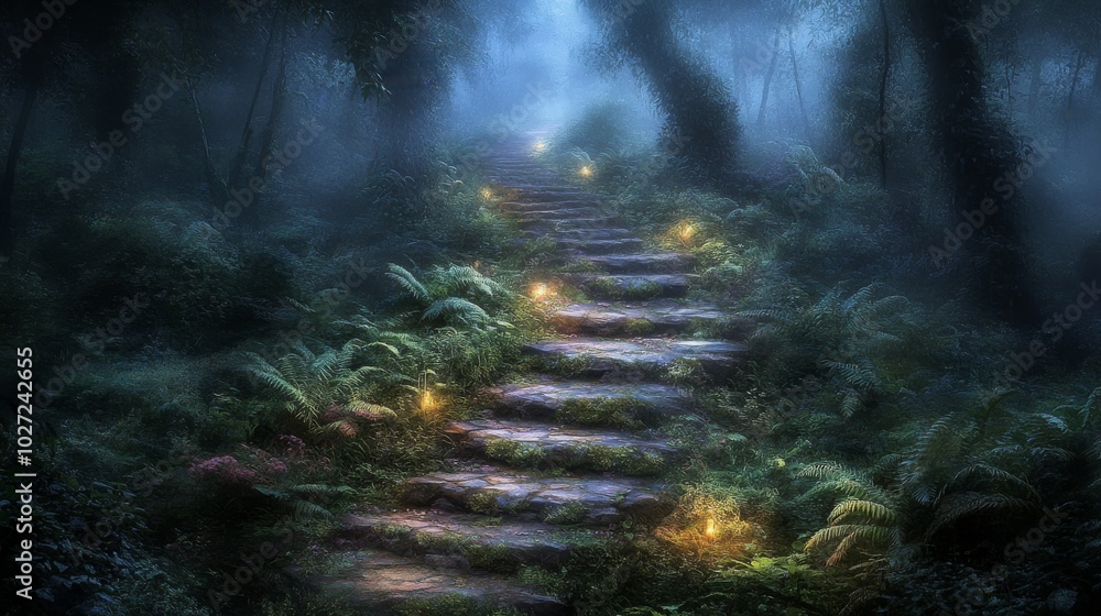 Obraz premium Stone Steps Leading Up Through a Foggy Forest