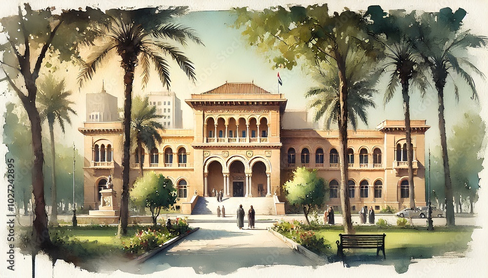 A watercolor of the Iraqi National Museum, showcasing its elegant architecture, sunny courtyard, and surrounding greenery. A watercolor of the Iraqi National Museum, showcasing its elegant architecture, sunny courtyard, and surrounding greenery.