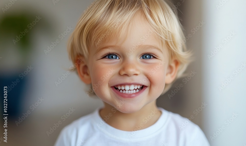 A cheerful young child with blonde hair and bright blue eyes smiles broadly while sitting indoors in warm, natural light, showcasing a joyful moment. A cheerful young child with blonde hair and bright blue eyes smiles broadly while sitting indoors in warm, natural light, showcasing a joyful moment.