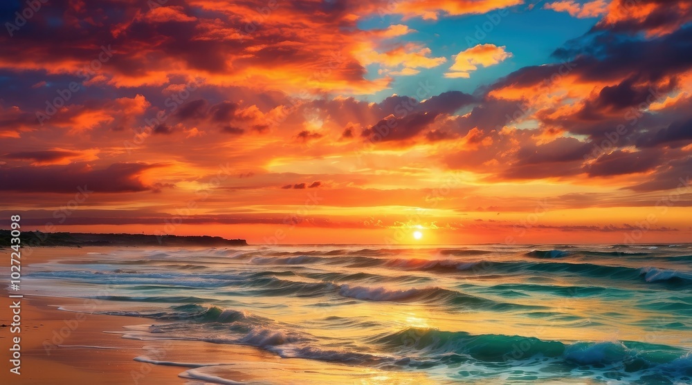 Obraz premium A tranquil sunset over a calm body of water, reflecting vibrant hues of orange,
