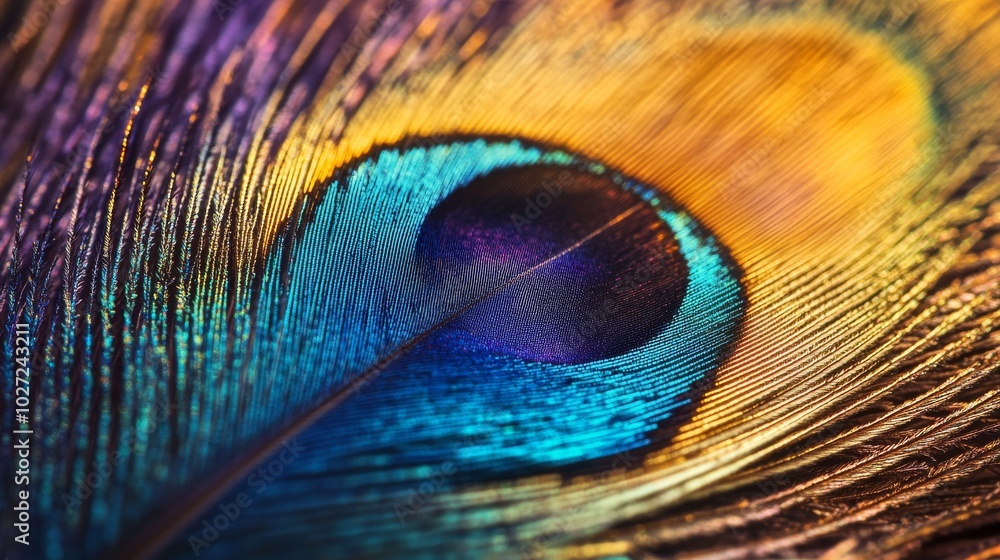Obraz premium A close-up view of a peacock feather showcasing vivid iridescent colors and intricate patterns, emphasizing nature's artistry.
