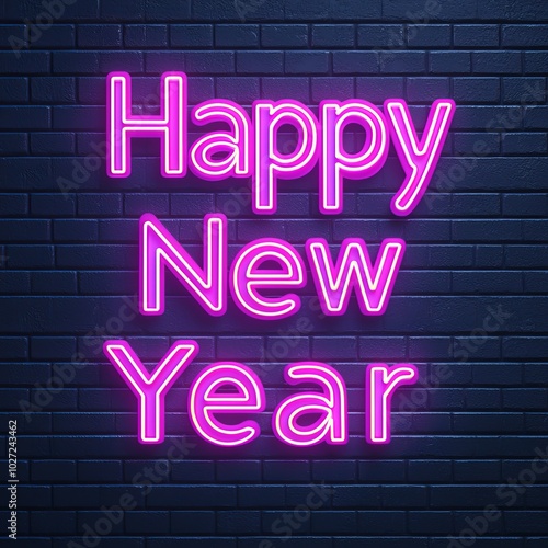 Colorful neon sign displaying 'Happy New Year' on a dark brick wall.