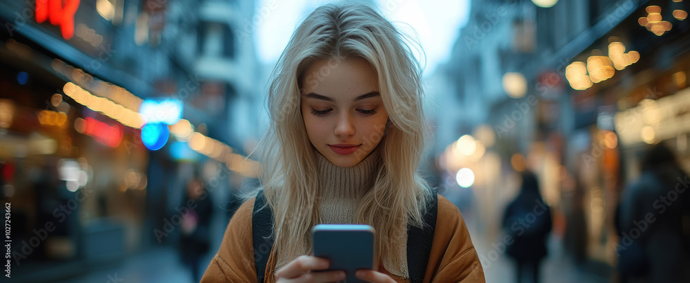 Young woman with phone, wearing warm sweater in urban street, city atmosphere, relaxed expression, casual autumn fashion, modern lifestyle, daylight setting, social connection Young woman with phone, wearing warm sweater in urban street, city atmosphere, relaxed expression, casual autumn fashion, modern lifestyle, daylight setting, social connection